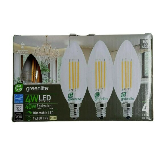 GreenLite LED 4PK Chandelier Bulbs 4W LED Equal to 40W 15,000 Hours 2700K - Picture 2 of 9